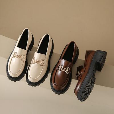 Chunky Loafers Women Genuine Cow Leather Platform Shoes Round Toe Metal Chain Slip On Ladies Flats Handmade 2024 Creeper Zapatos