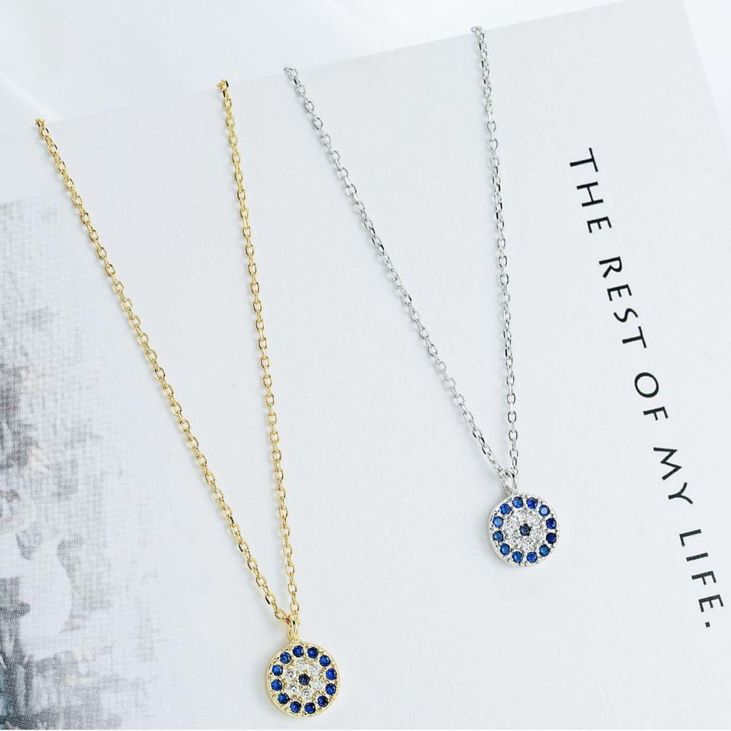 S925 Silver Evil Eye Necklace with Blue Eyes and Diamond-Set - Korean Style Simple Clavicle Design