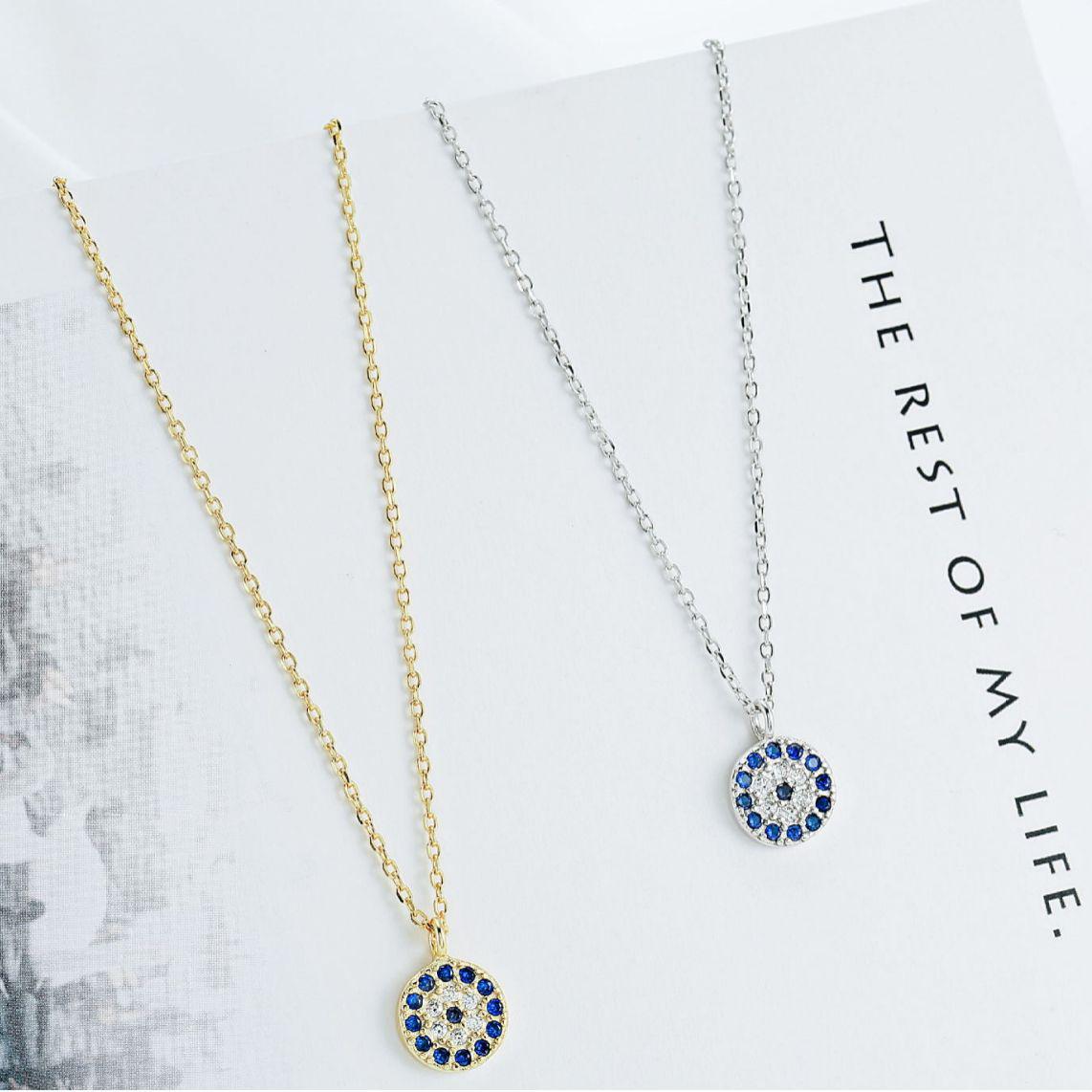 

S925 Silver Evil Eye Necklace with Blue Eyes and Diamond-Set - Korean Style Simple Clavicle Design Gold-Plated Silver