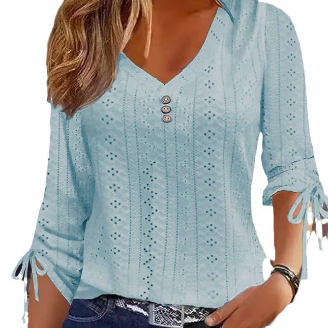 2023 Autumn/Winter Pure Color Jacquard Button Long Sleeve T-shirt Top
