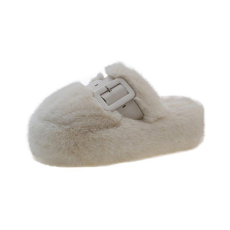 Baotou half slippers women wear autumn and winter new Internet celebrity muffin thick bottom fluffy slippers foreign style warm cotton mop
