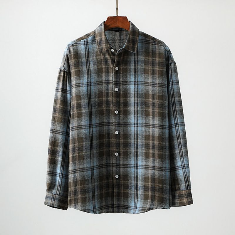American vintage Washed Sanding Plaid Shirts Men's Long sleeve Spring and Autumn Stacked Outerwear Foreign Trade Men's Casual Shirt