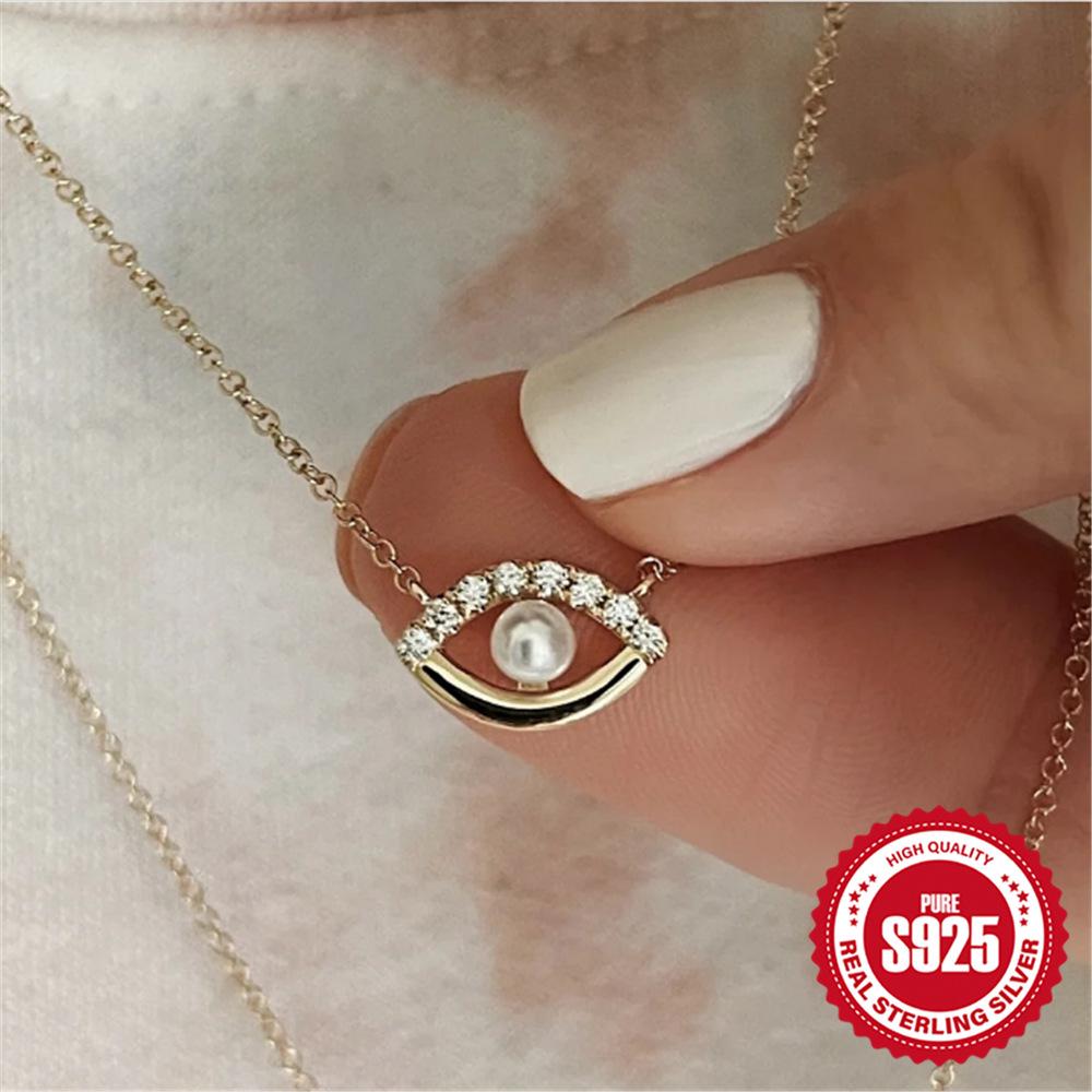 Stylish Simple Wind S925 Sterling Silver Pearl Eye Diamond Clavicle Chain Demon'S Eye Necklace