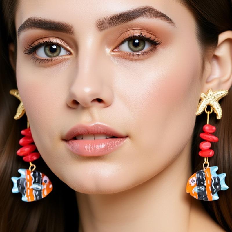 Exaggerated color tropical fish starfish seaside earrings ocean small fish natural vacation wind earrings