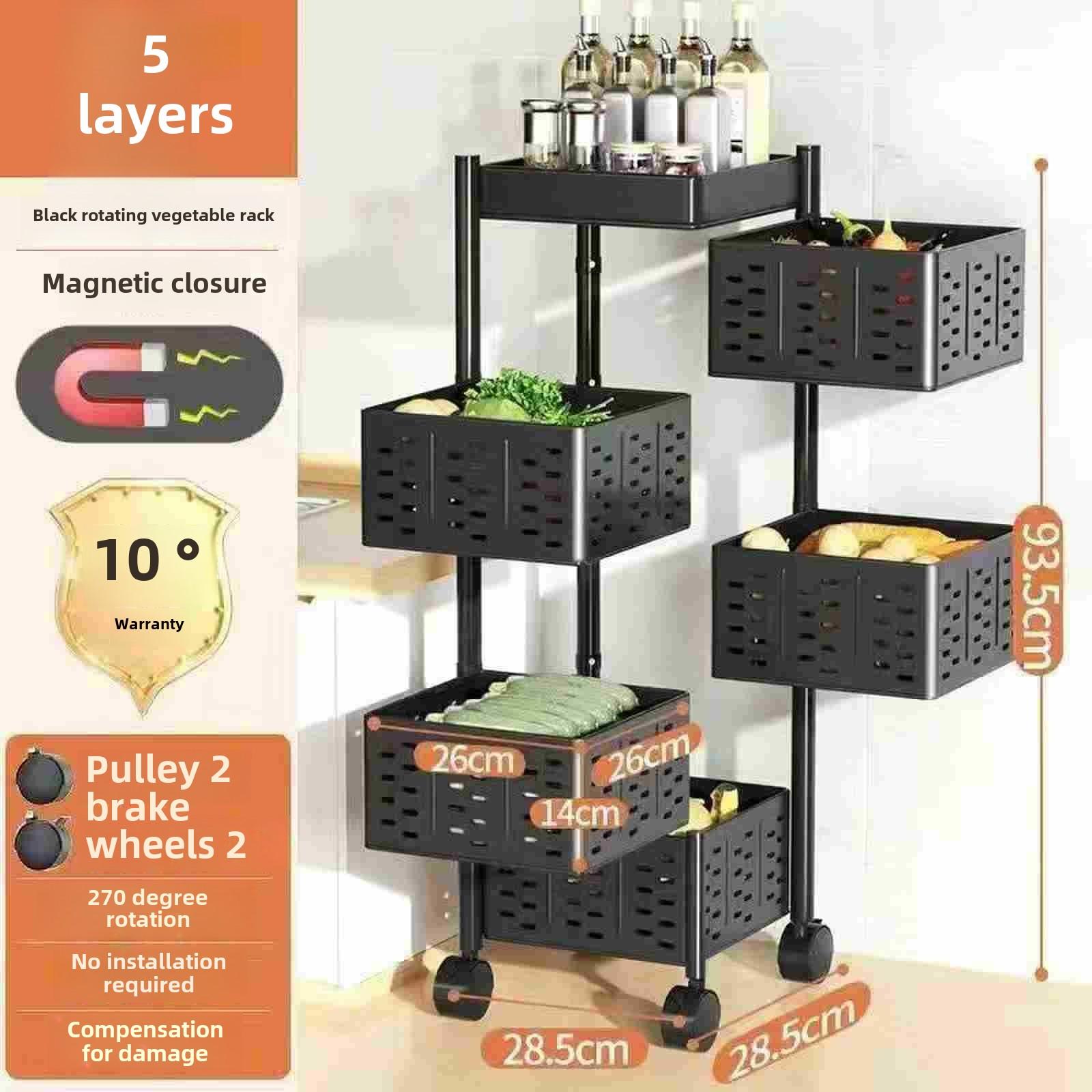 

Многоуровневая тележка для хранения на колесиках, кухонный органайзер, подставка, хозяйственная тележка с колесами для домашней кухни, гостиной Square, 5-layer чёрный