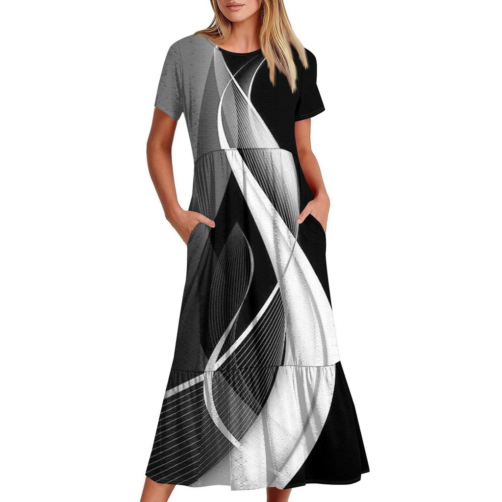 Short Sleeve Boho Dress For Women Casual Loose Fit Summer Sundress Floral Print Dress With Pockets