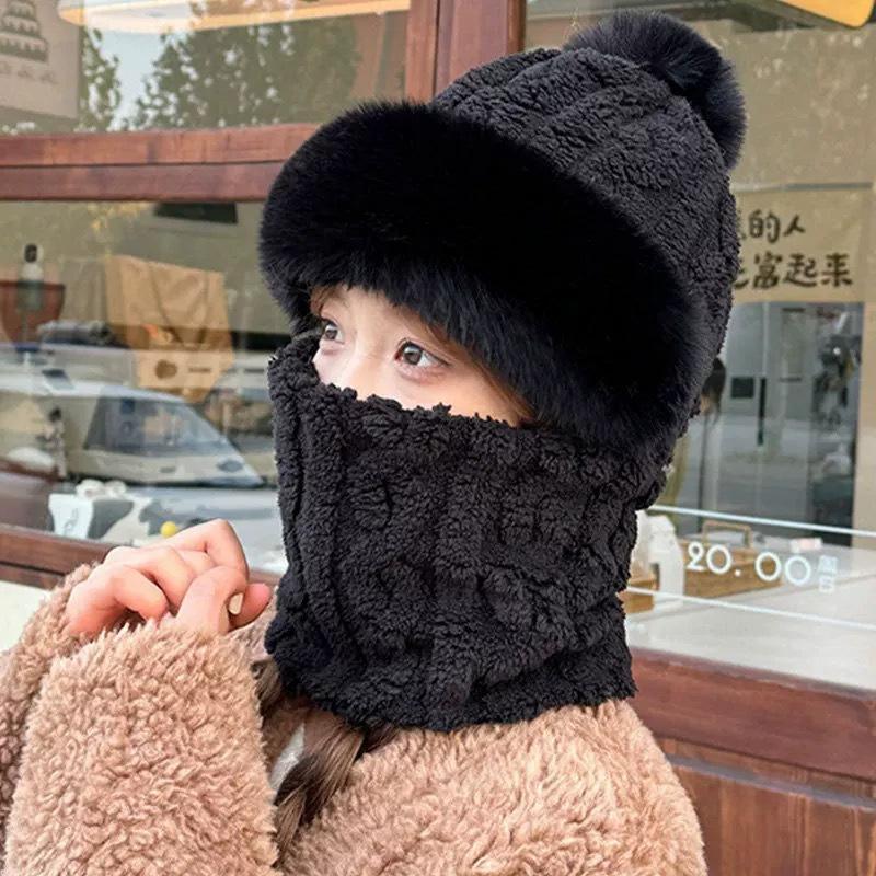 Hat scarf integrated women's winter 2025 new velvet thickened cycling windproof and cold-proof electric vehicle thermal cover hat