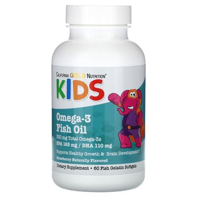 Kinder Omega-3 Fischöl, Natürliche Erdbeere, Fischgelatine Weichkapseln, 60 Weichkapseln