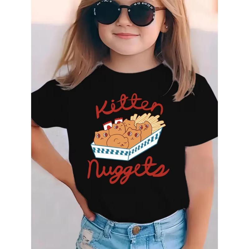 

European sizes Summer Fashion Girls Short-Sleeve T-Shirt with, Kitten Design, Chicken Nuggets and Fries Bento Print, Casual Versatile Top 164cm чорний