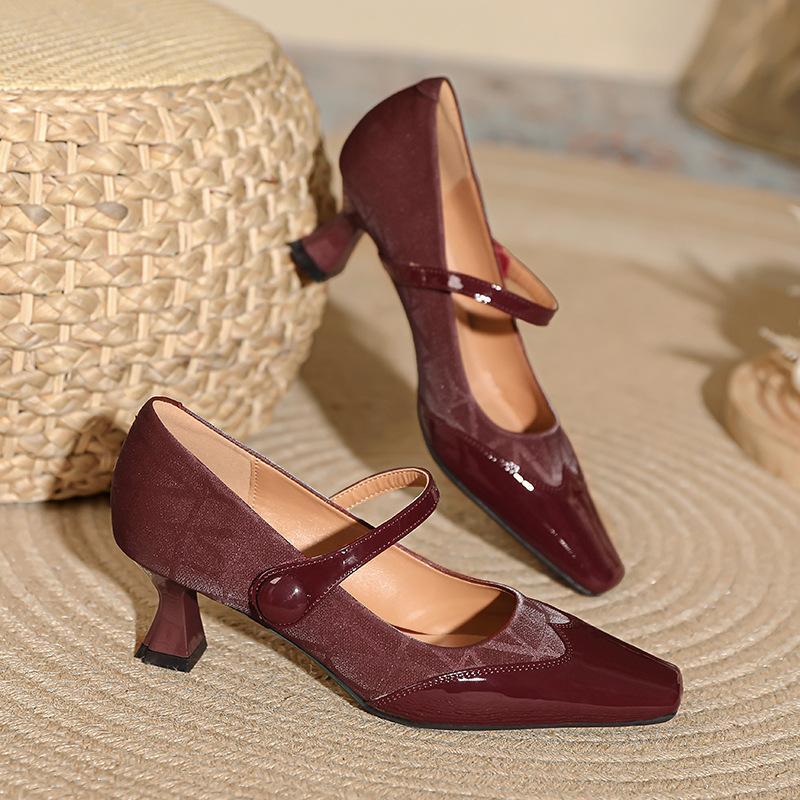 Xiaoxiangfeng Mary Jane Shoes Magic Buckle with Square Head High Heels Thin Heel Spring and Autumn Splicing French Medium Heel Single Shoes