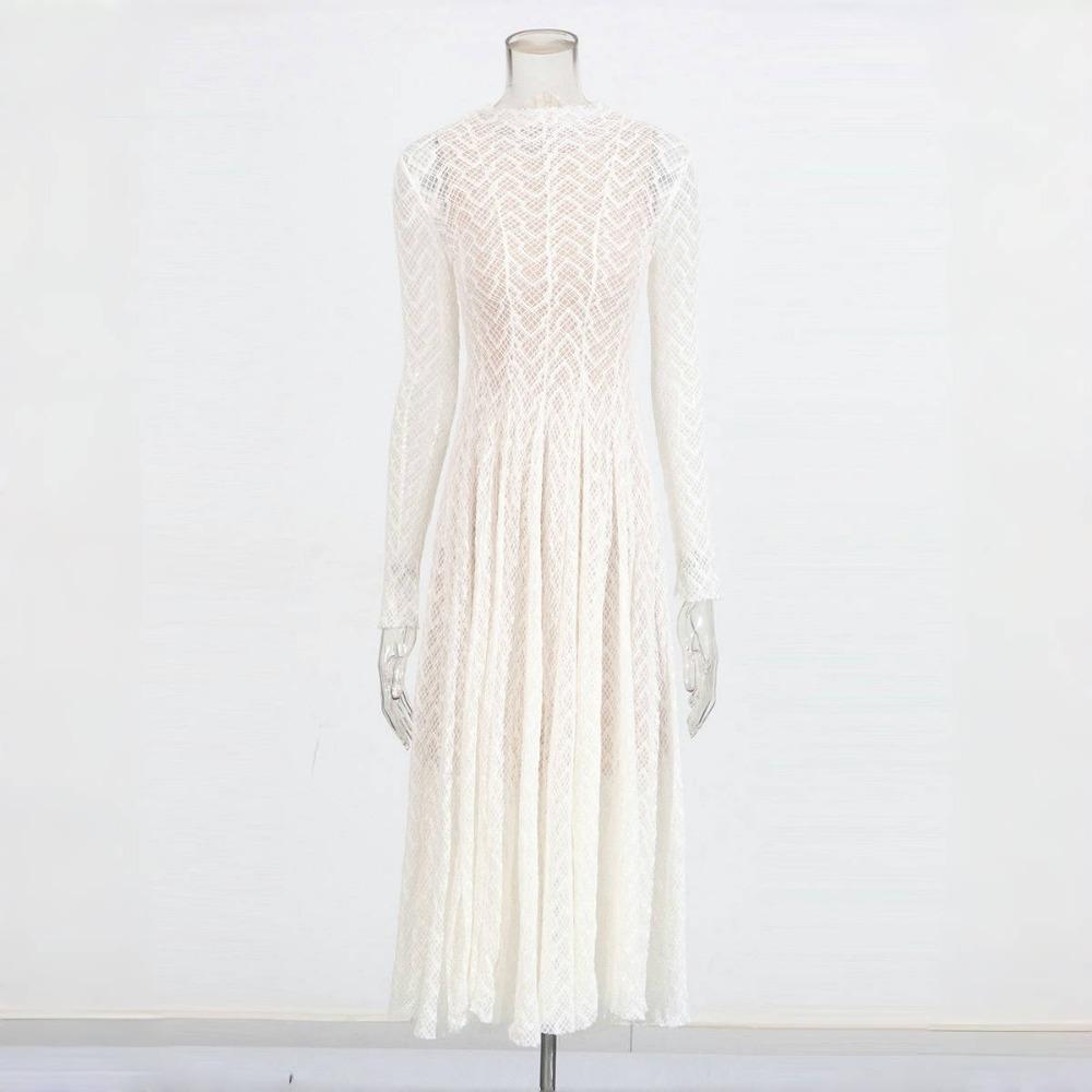 Hollow Out Mesh Maxi Dress High Collar Slim Fit Long Sleeve Robe High Waist Pleated Party Dresses New Lady Fashion Clothing
