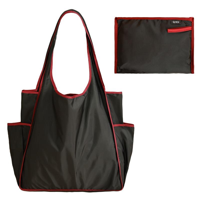 

Двухцветная большая складная сумка для покупок, водонепроницаемая сумка-тоут с карманом для стакана, легкая полиэстеровая сумка через плечо для путешествий и покупок чёрный
