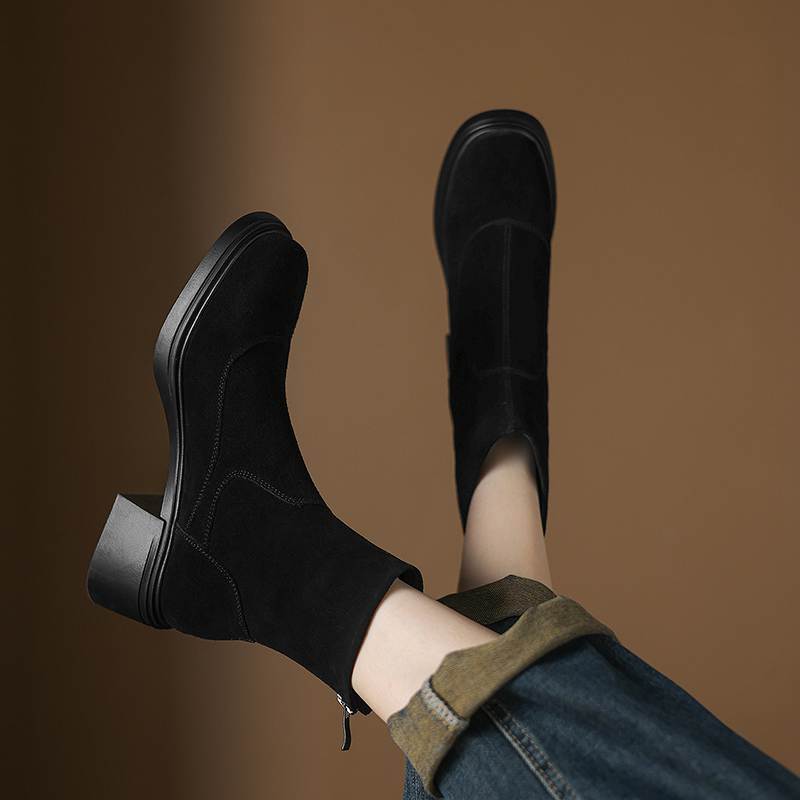 Krazing Pot Cow Suede Nubuck Round Toe Thick Heels Chelsea Boots Size 42 Concise Style Women Keep Warm Ankle Boots