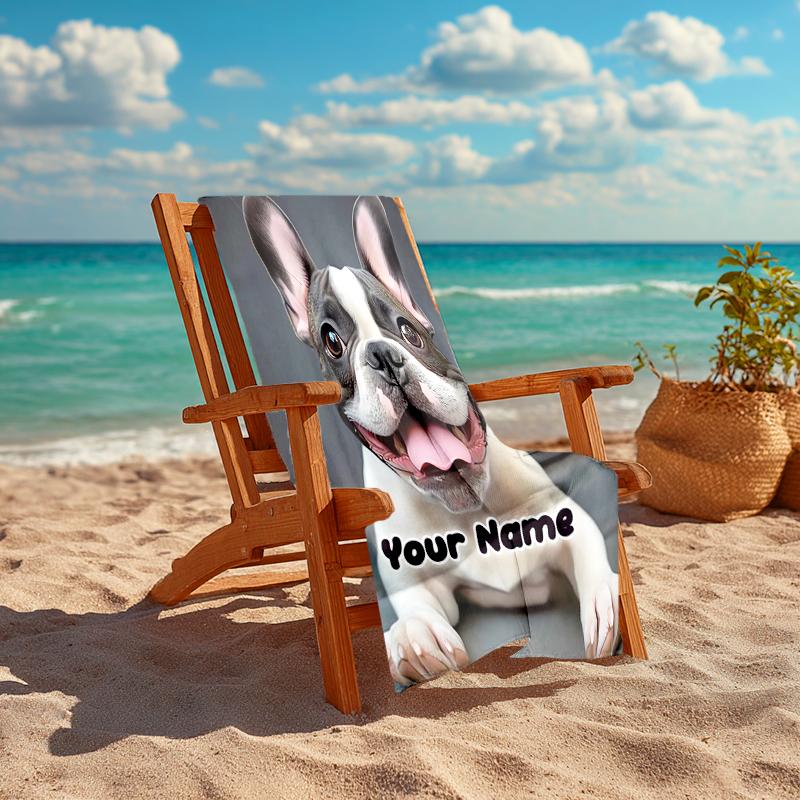 1PC Custom Name French Bulldog Portrait Beach Towel Highly Absorbent And Sand-Resistant Towel for Swimming, Pool, Yoga, And Travel Lightweight