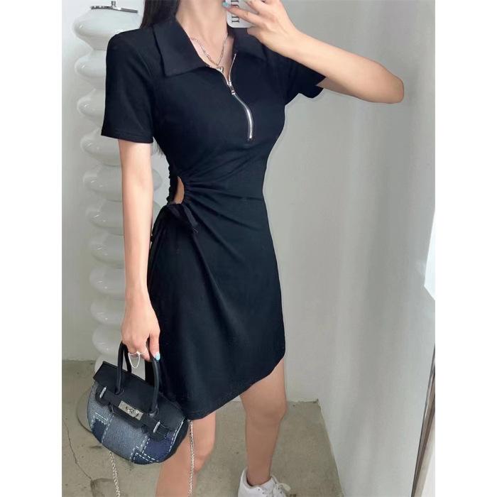 Casual age-reducing polo collar dress women's summer new drawstring hollow pleats waist thin short skirt