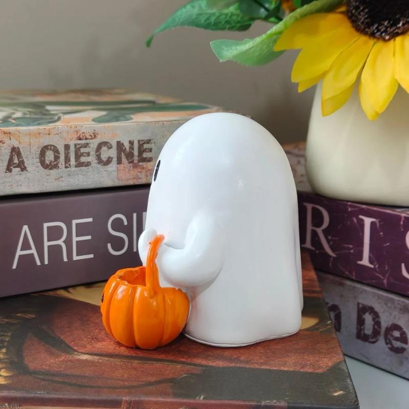 Indoor Outdoor Cute Ghost Statue Holding Pumpkin Statue Resin Halloween Home Decorations for Living Room Bedroom Garden