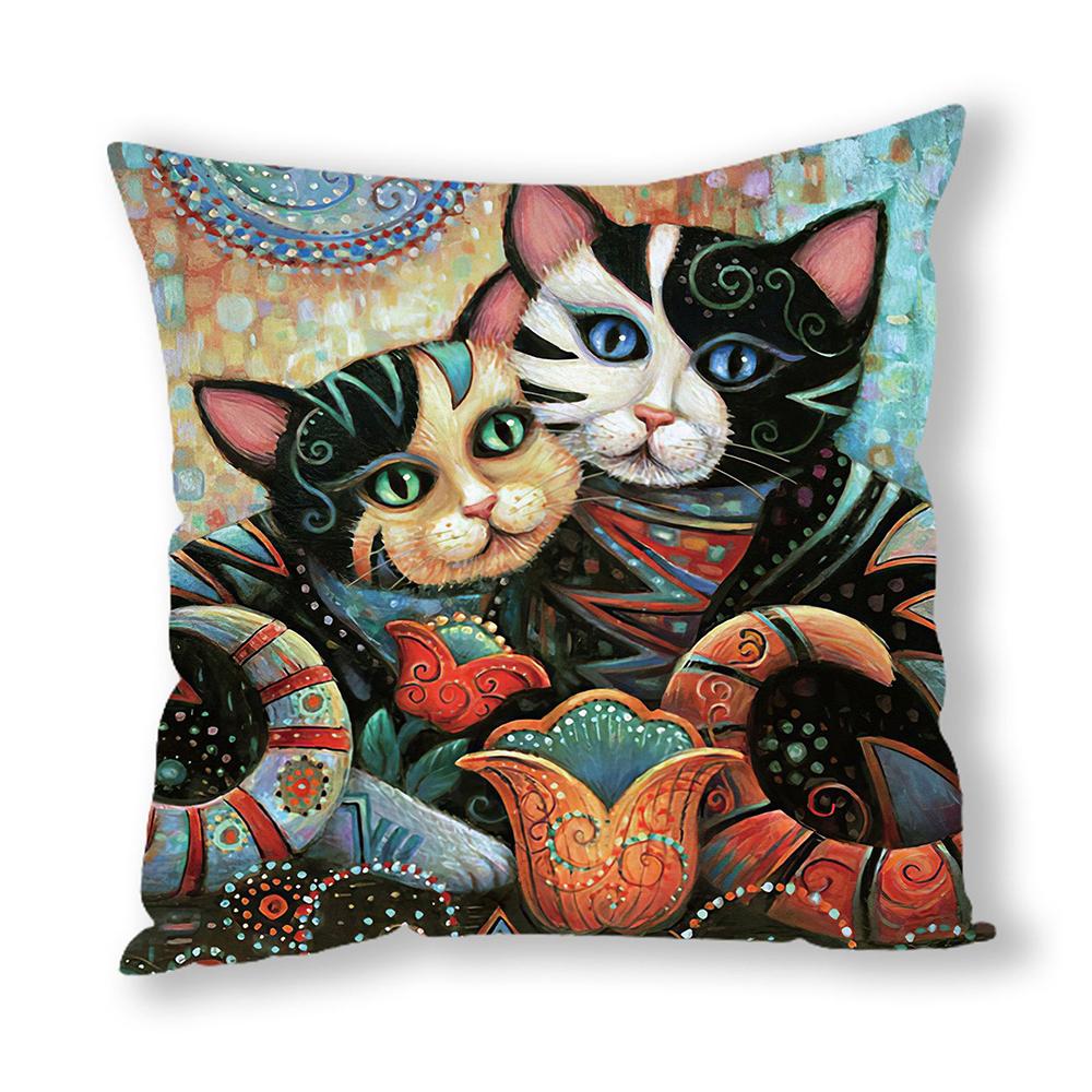 Cute Cartoon Animal Oil Painting Cat Cushion Cover Decorative Office Sofa Pillowcase Home Decor Pillowcase
