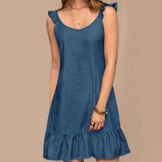 Women Summer Mini Dress O-neck Sleeveless Ruffle Hem Short Dress Solid Color Loose Fit Beach Holiday Dress