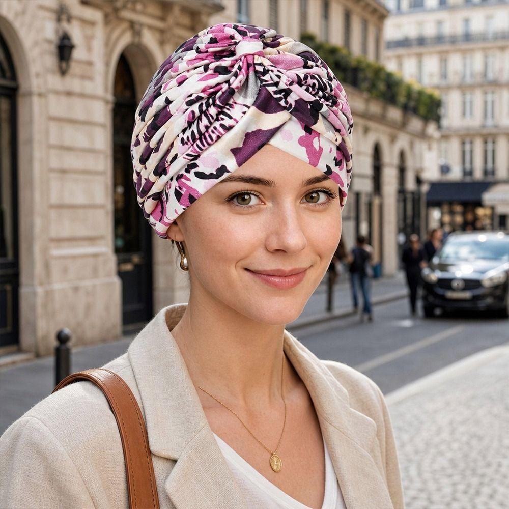 Pleated Hijab Caps Knotted Style Floral Head Wrap New Head Wrap Cap Women Headwear