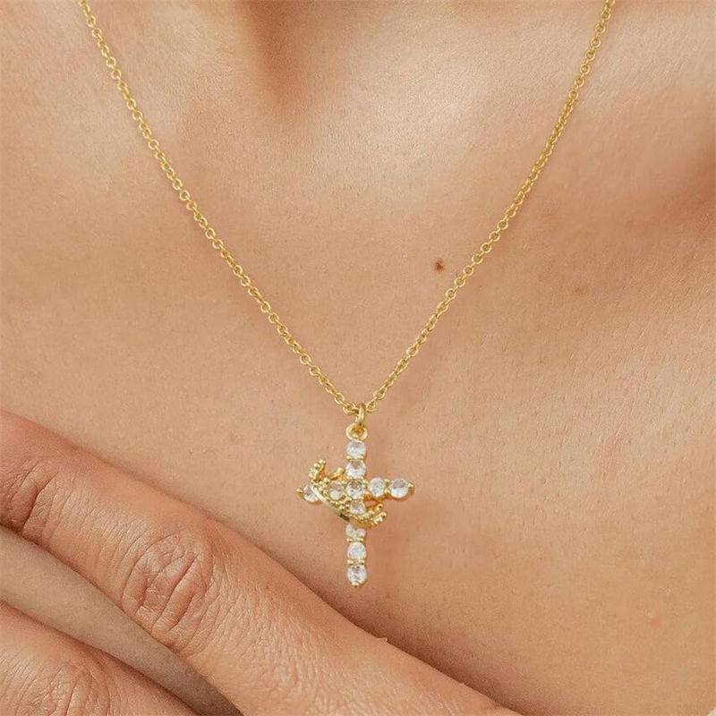 14k Gold Plated Cross Necklace for Women Zircon Crown Cross Pendant Necklaces