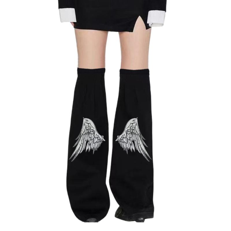 Womens Punk Overknee Black Denims Leg Warmers with Angel Wing Print Flared Harajuku Baggy Boot Covers Footless Socks 1