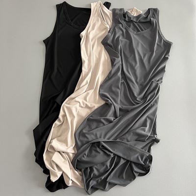Copper Aonia Silk Texture Long Vest Dress Smooth Cool Skirt Suer New Women's Casual Round Neck Solid Color Skirt