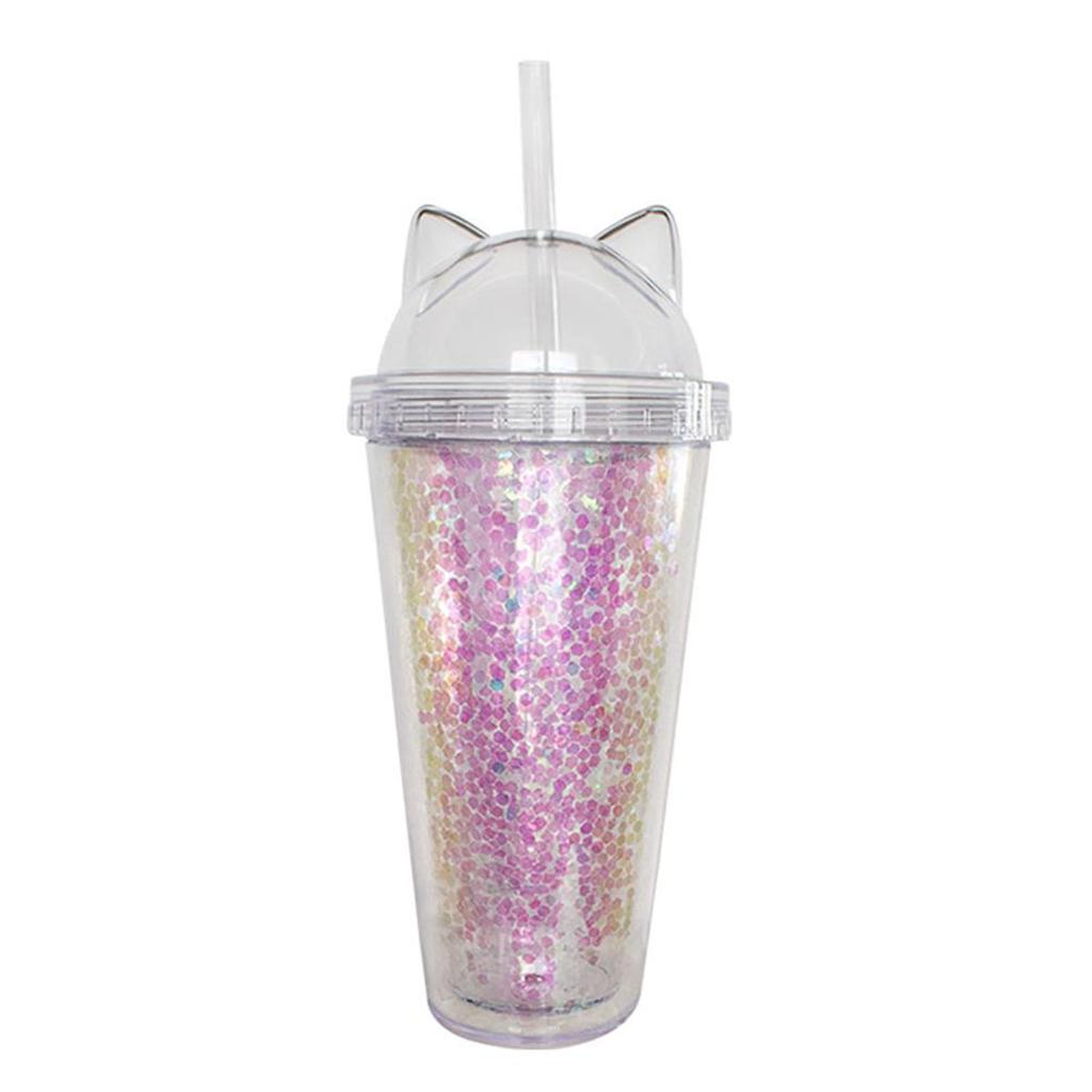 Gift Custom Cup Creative Plastic Water Cup Straw Cup Cute Cat Ear Flash Film Double Layer Cup Water Bottle