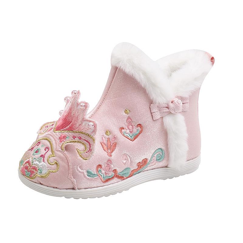 Verdickte warme Samt-Hanfu-Schuhe für Mädchen mit Stickerei - Baumwollstiefel im Prinzessinnenstil für Winter und Neujahr