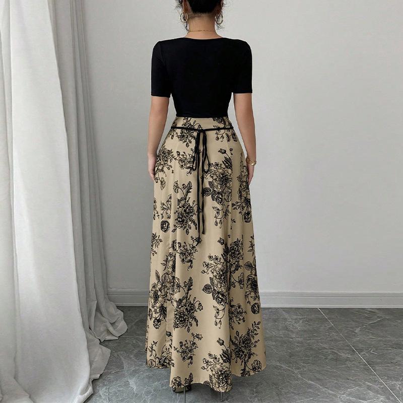 Holiday Beach Sling Dress for Women in Summer Slim Contrasting Color Short-sleeved Long Dress