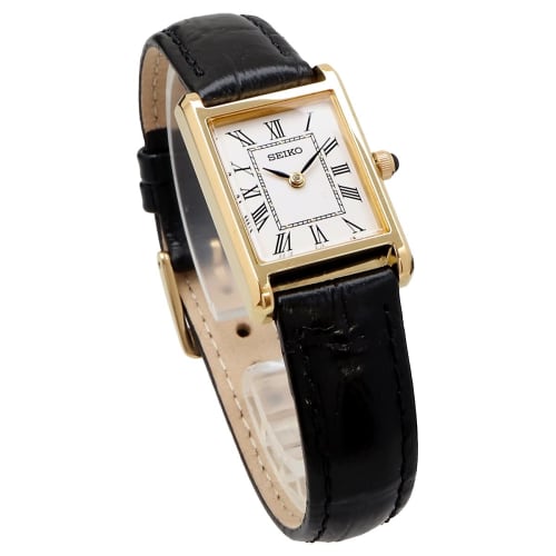 Seiko Women's Square Design Quartz Watch SWR054 with White Dial and Black Leather Band
