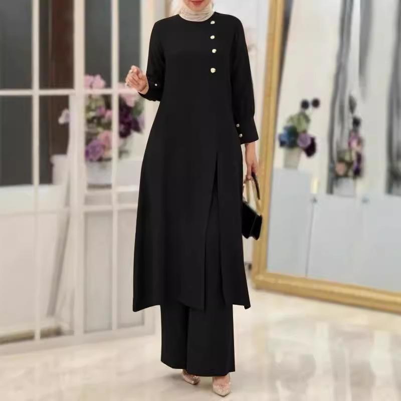 Women's Plus Size Two Piece Elegant Solid Color Side Slit Long Shirt Wide Leg Pant Suit