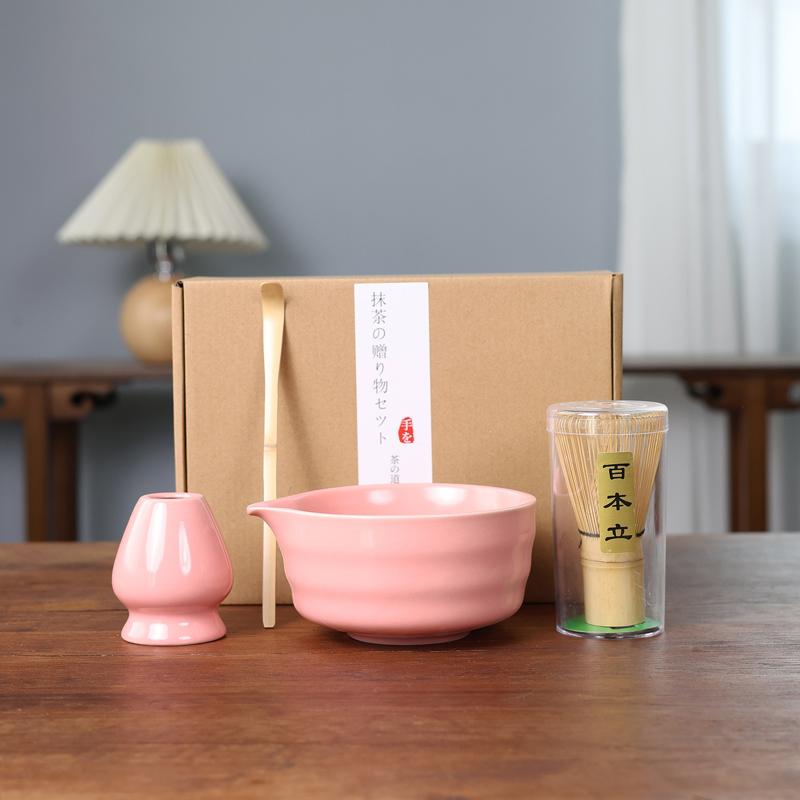 4Pcs Japanese Matcha Set Bamboo Whisk Teaspoon Ceramic Bowl Tranditional Tea Set Home Tea-Making Tools Accessories Birthday Gift