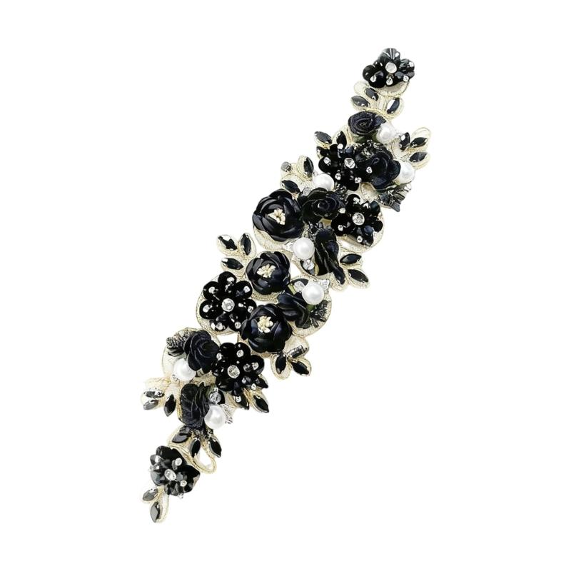 

Sewing on Embroidered Applique Rhinestones Flower Embellished Patches For Wedding Dress Jackets Clothing Embellishment чорний
