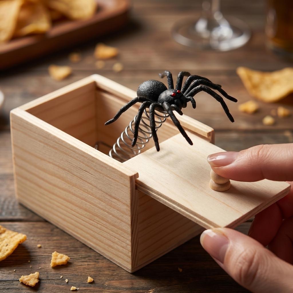 Wooden Surprise Box with Removable Lid and Realistic Spider for Practical Joke and Novelty Entertainment Use