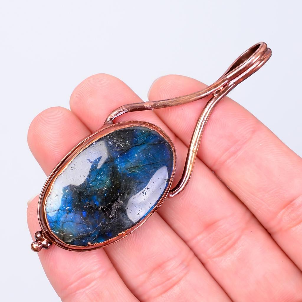 Ovaler Natürlicher Labradorit Kupfer Elektrogeformt Bester Freund Geschenk Anhänger Schmuck V-51