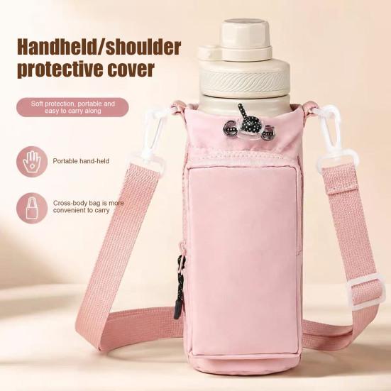 Commuter Bottle Carrying Case Crossbody Water Cup Carrier, Wear-resistant Protective Sleeve with Phone Pocket, Drawstring Anti Fall Protection Closure