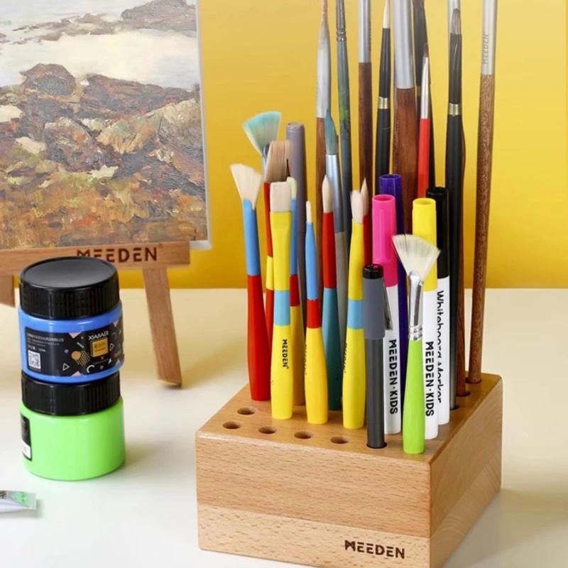 Wood Multi-Purpose Brush Holder for Calligraphy & Painting Compartments Art Supply Storage for Students Artists Modern Pen Stand