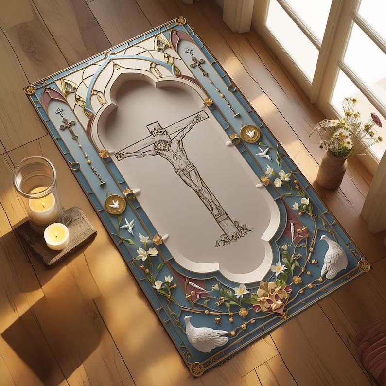 Tappeto da preghiera Croce del Calvario Ortodossa Nero Oro Gotico, Decorazione per la casa Cristiana Slava, Tappetino Religioso Antiscivolo Camera da letto Soggiorno