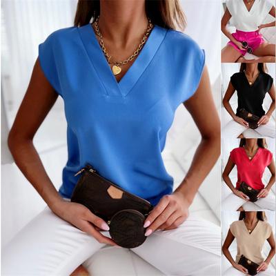 Sommer solide Kurzarm V-Ausschnitt Damen Bluse Damenbekleidung