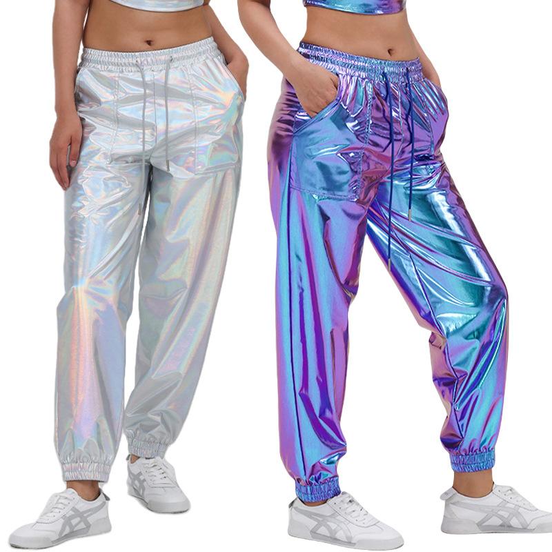 Women's Shiny Metallic Jogger Trousers Glitter Jogging Bottoms Holographic Hip Hop Club Street Trousers