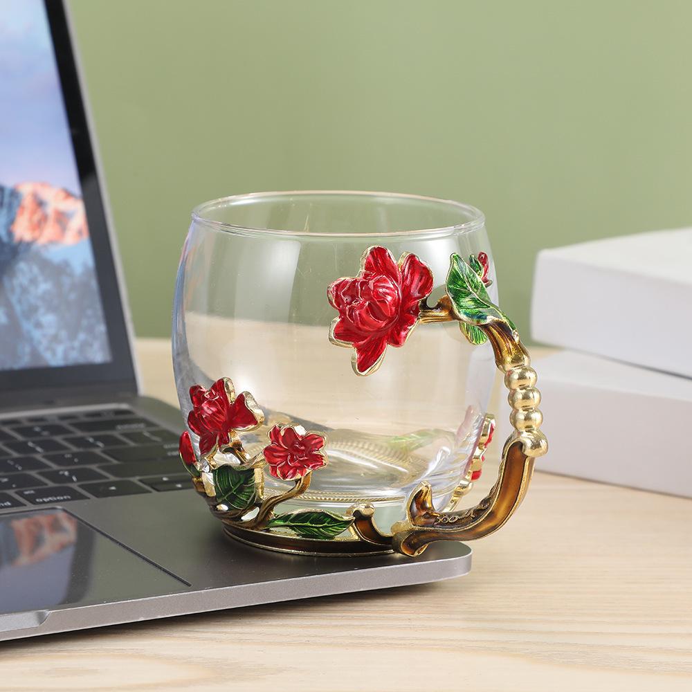 Домашняя термостойкая стеклянная чашка Креативная эмалированная чашка для воды Хрустальная чашка для чая с цветком Подарочный набор чашек Стеклянная чашка для воды Simple package