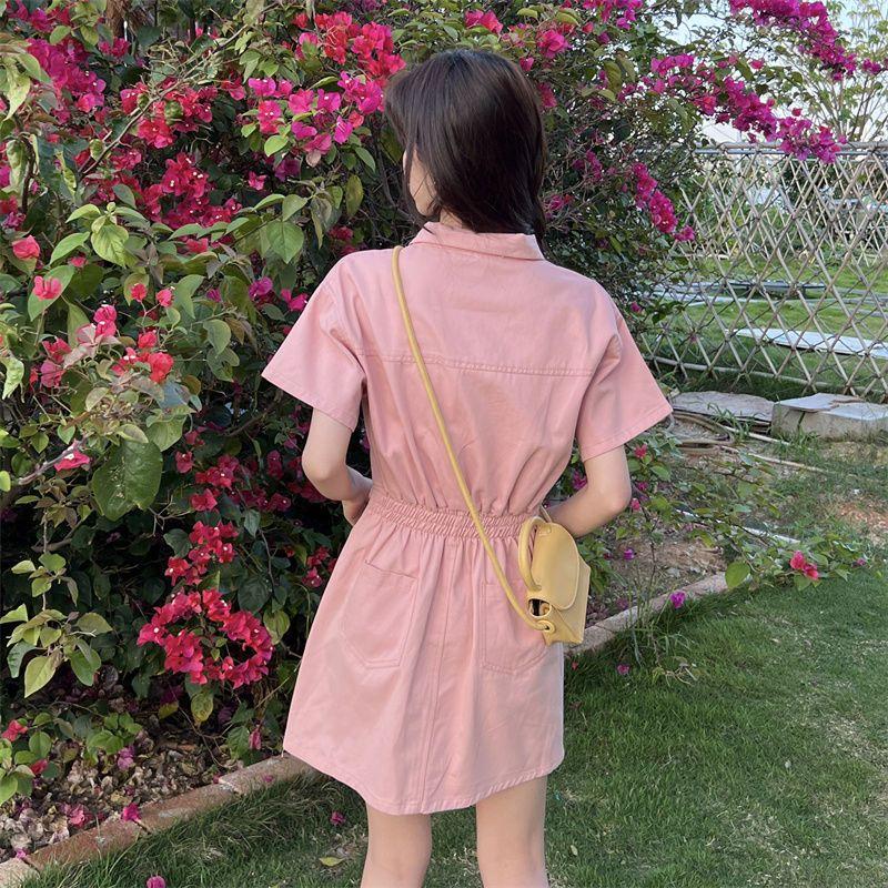 Women's New Young Style Skinny Button Streetwear Fashion Casual Solid Simplicity Pockets Turn-down Collar Dresses