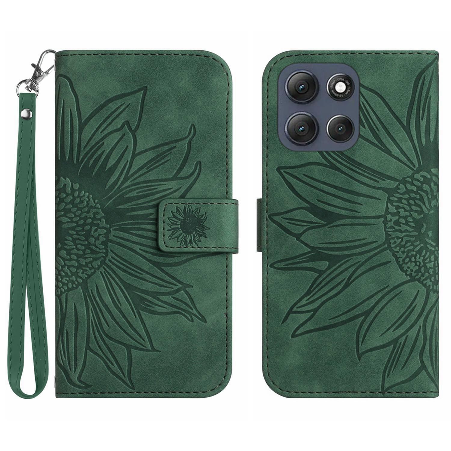 

For Motorola Moto G56 5G Case Sunflower Imprint Leather Wallet Phone Cover with Wrist Strap Green