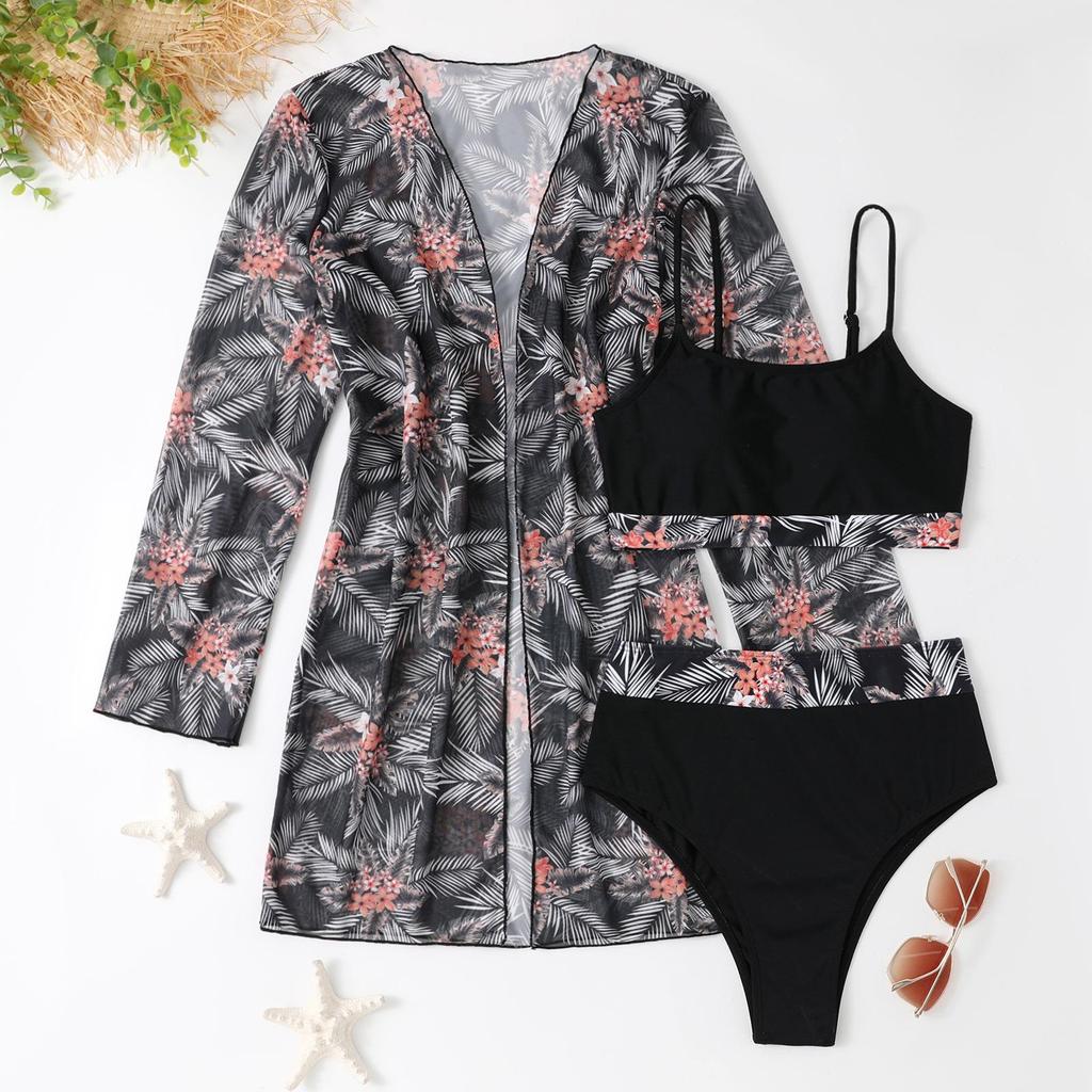 Women's Split Three Piece Set High Waist Long Sleeve Blouse Sunscreen Bikini Sets