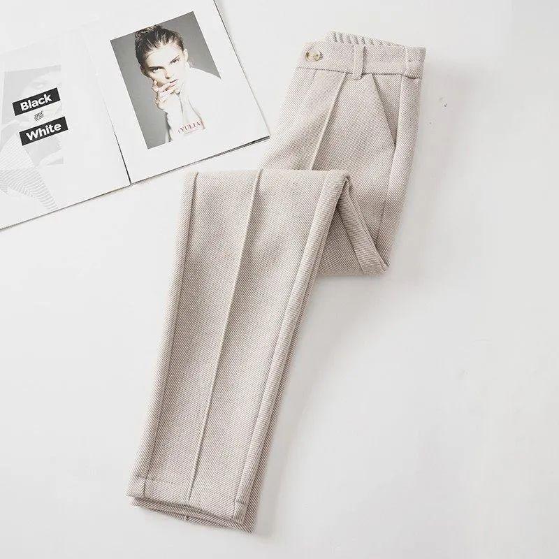 High Waist Wool Blend Pants Women Winter Thicken Plush Lined Harem Pantalones Office Casual Warm Ankle-length Woolen Spodnie