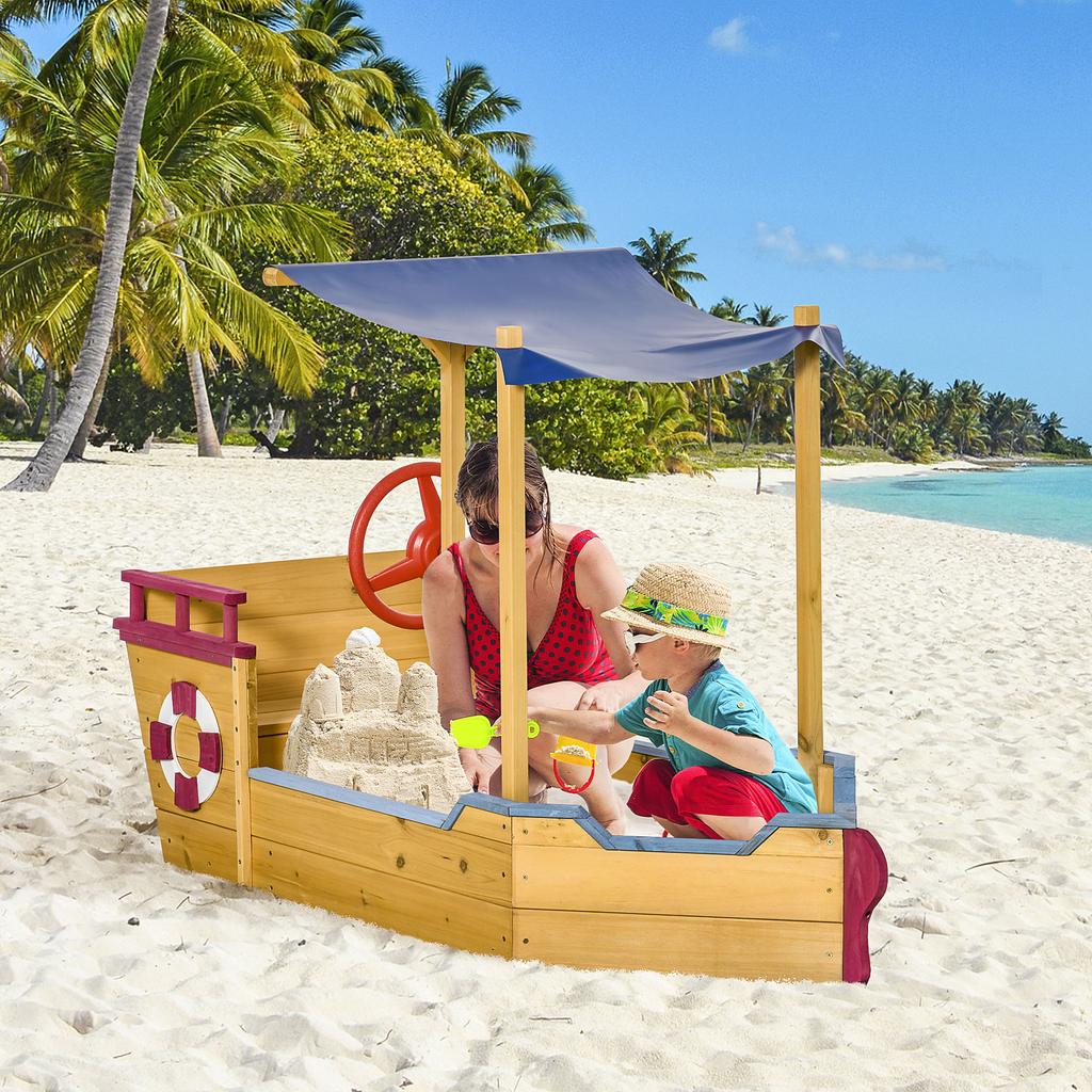 Sabbiera in Legno per Bambini, Sabbiera per Bambini Nave Pirata, Stazione Gioco Barca di Sabbia per Esterno con Tettoia Ombreggiante Panca Contenitore Fondo Rivestito