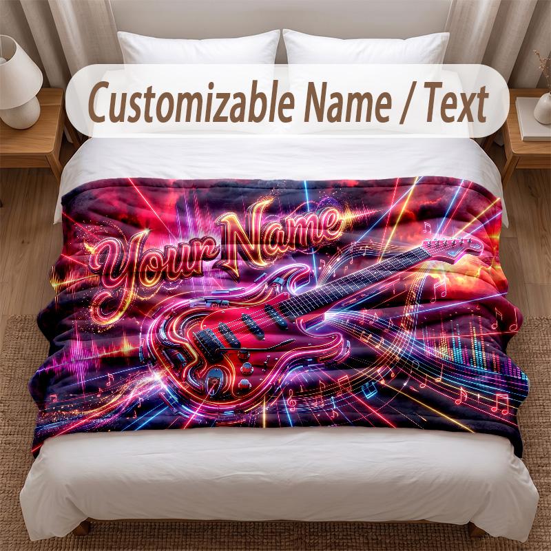 Music Guitar Theme Soft Blanket Personalized Custom Name Text Print Warm Blanket Home Sofa Bedroom Decor