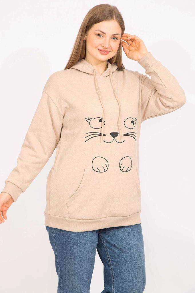 Women's Style Big Size Sweatshirt Mink Plus Size Sweatshirt With Tiered Front Print And Hood Detail