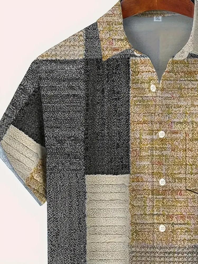 Men's Vintage Geometric Carpet Twill 3D Digital Print Short Sleeve Shirt with Button Pocket Polyester 100% Summer Casual