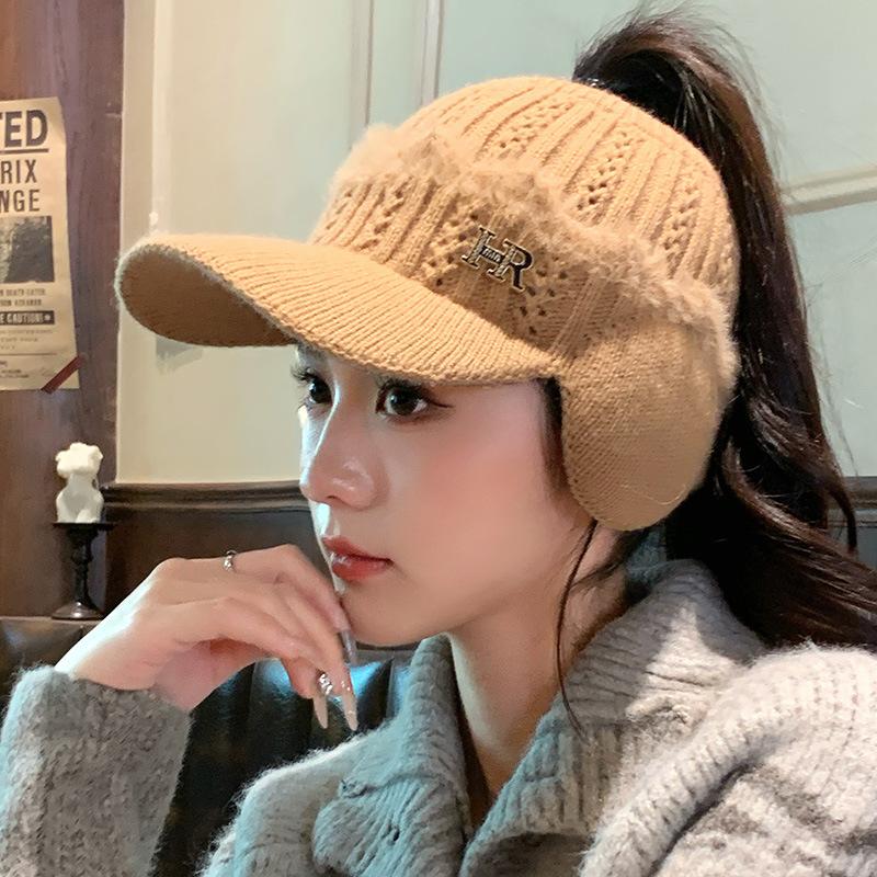 Winter Hat Women's Ear Protection Warm Knitted Wool Hat Big Brim Show Face Small Peaked Hat Versatile Empty Top Hat